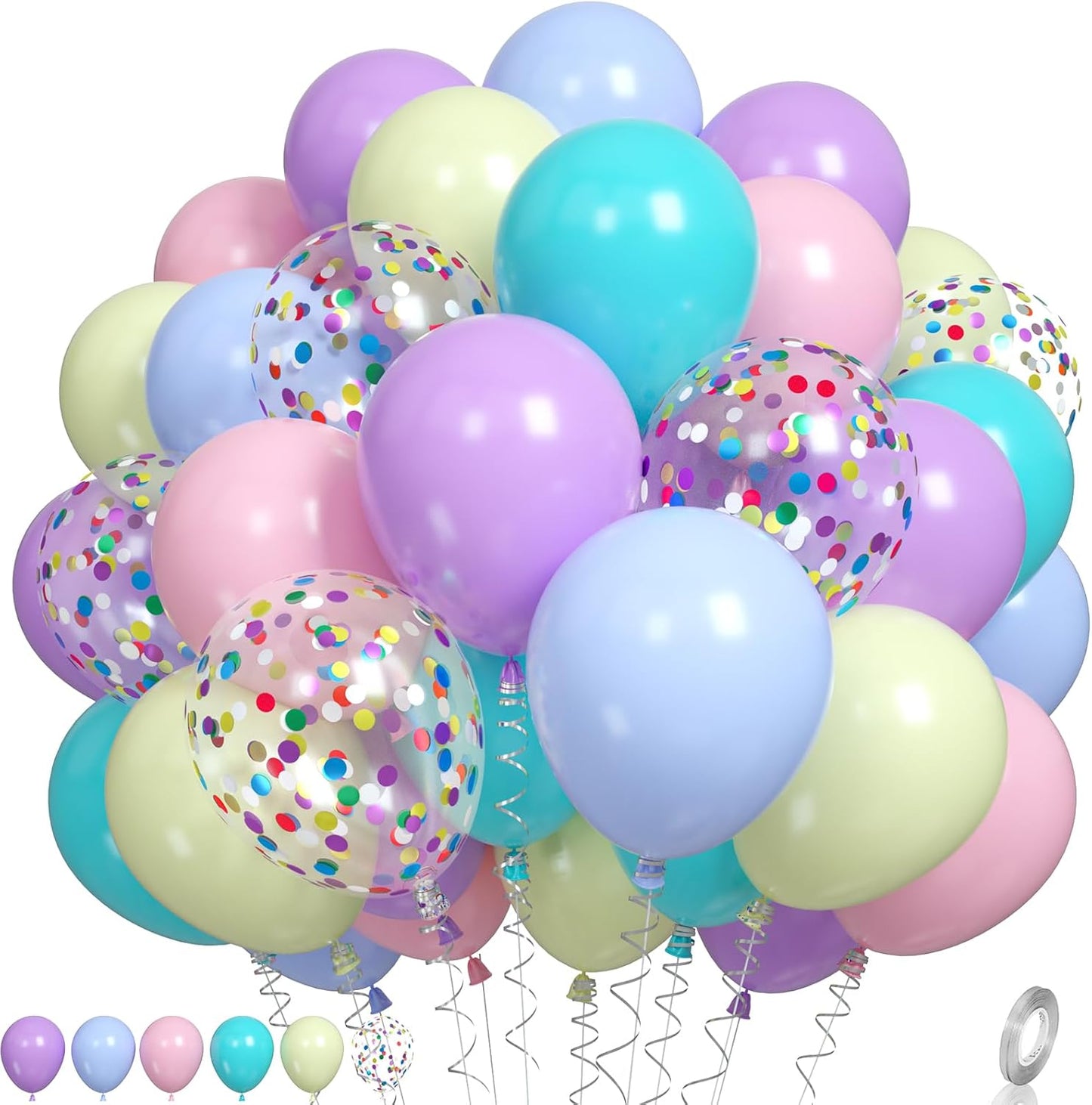 Pastel Balloons, Multicolor Macaron Balloons Colorful Latex Party Balloon, Baby Pink Blue Purple Yellow and Teal Rainbow Confetti Balloon for Kids Pastel Birthday Easter Party Baby Shower Wedding
