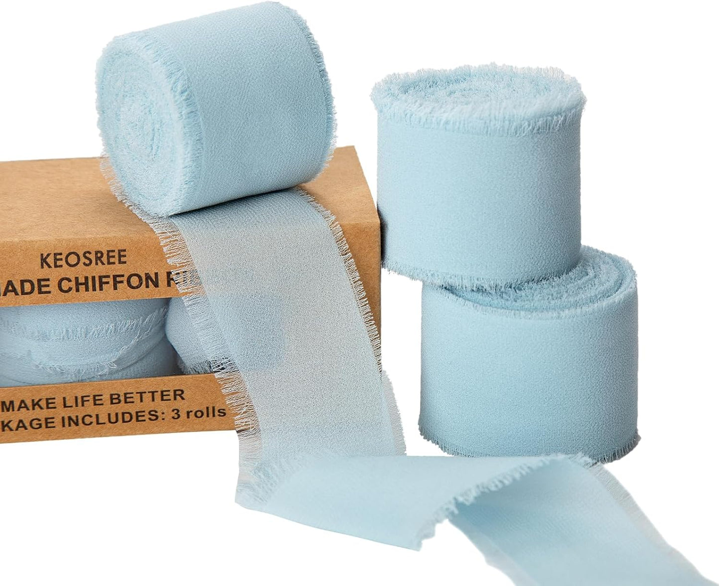 3 Rolls Light Blue Handmade Chiffon Ribbon,1.5" x 21Yd Frayed Fringe Silk Ribbons (3 Rolls *7Yd) for Gifts Wrapping, Wedding Invitations, Bridal Bouquets, Decorations