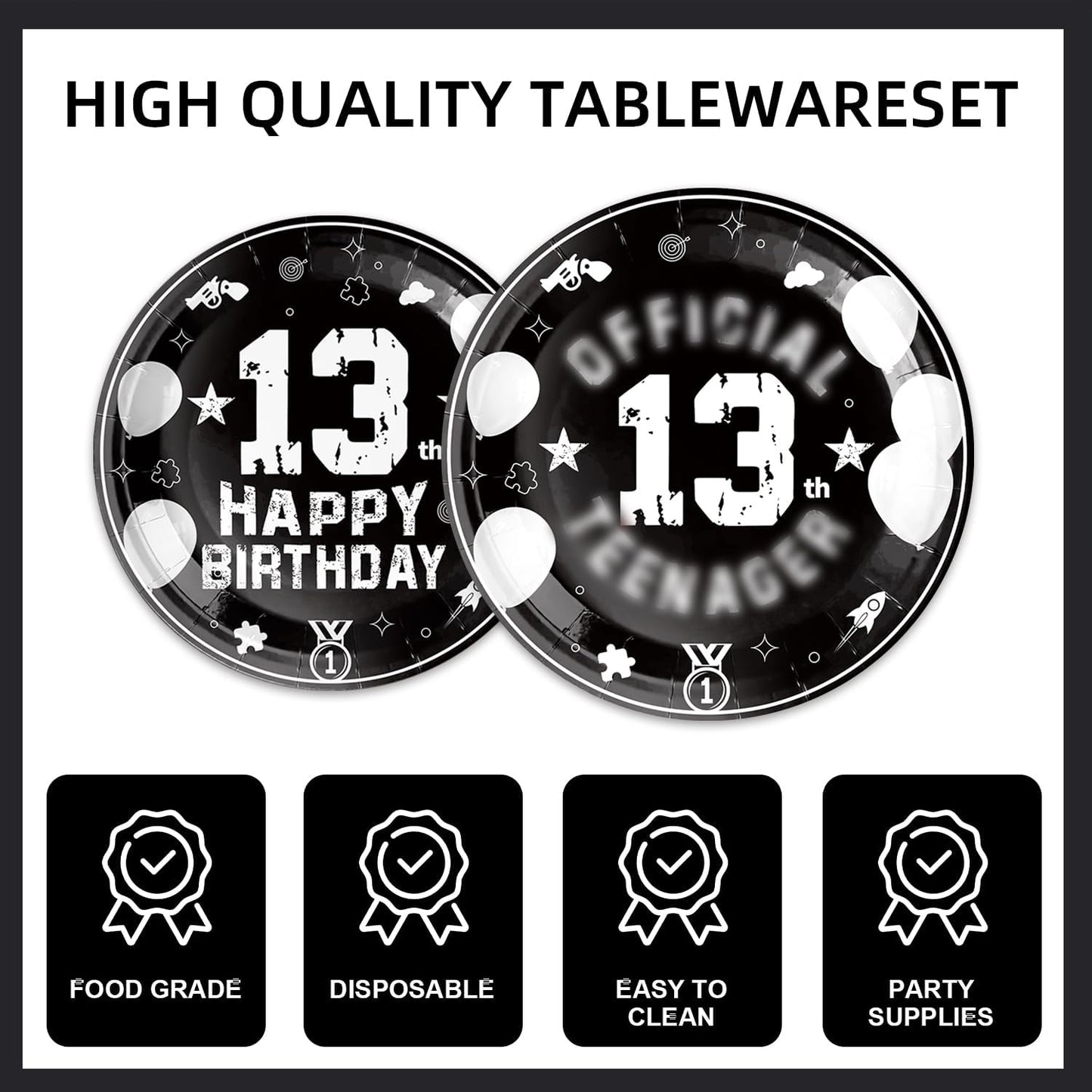 123pcs 13th Party Decorations,13th Silver Black Birthday Banner,Flags,Paper,cups,Straws,Forks,Cake Toppers,Dessert plates,Tablecloths and dinner plates,Officially a Teenager 13th Birthday Supplies