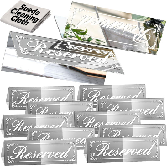 12 Pcs 6" x 2" Silver Reserved Table Signs, Mirrored Double Sided Table Tent Signs with Suede Cloth, Reservation Seat Indicators for Wedding Restaurant Party