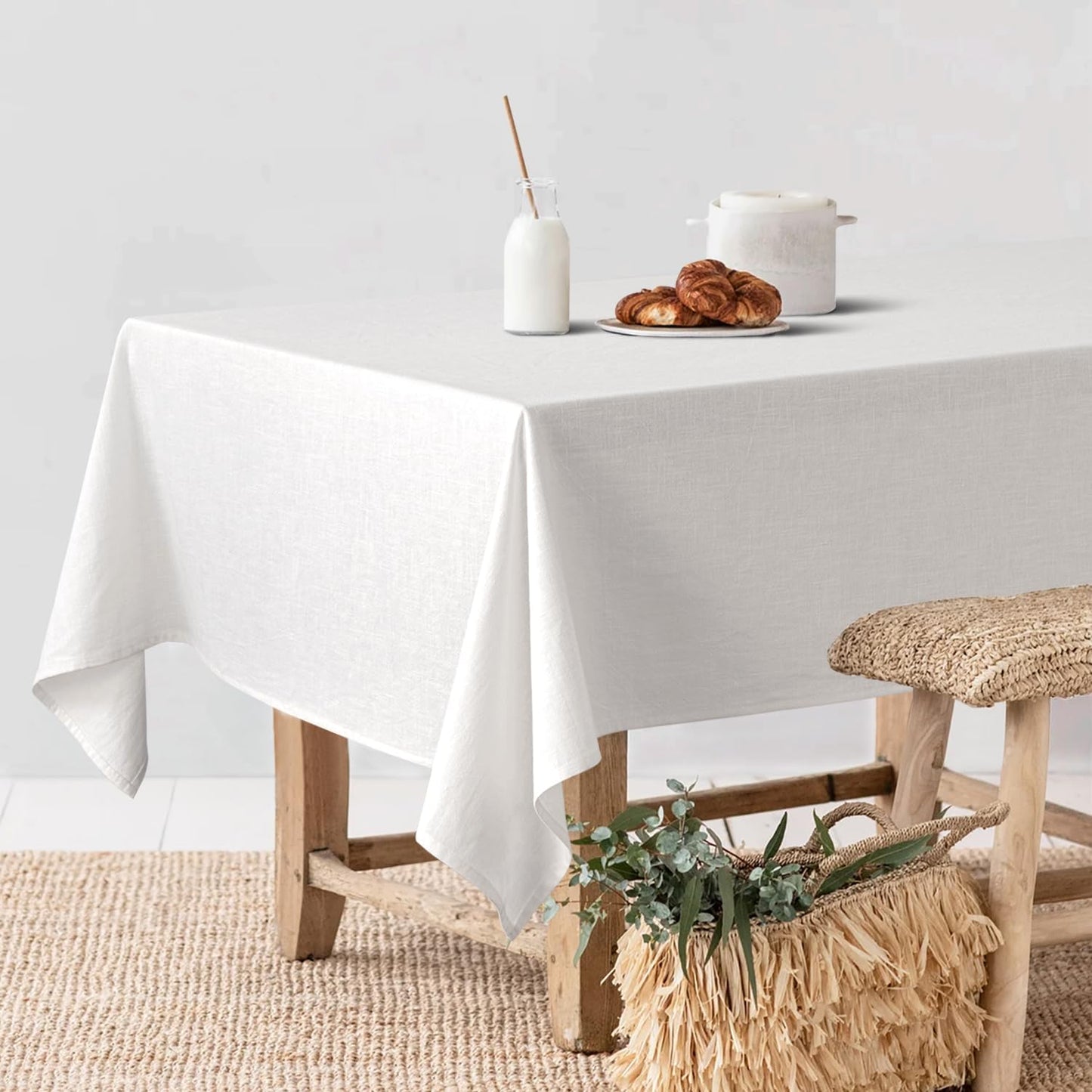 MIULEE White Linen Cotton Blend Tablecloth Rectangle, Luxury Waterproof Stain Resistant Durable Farmhouse Oblong Table Cloth for Dining Party Christmas Weddings Birthday Picnic Events, 52 x 70 inch