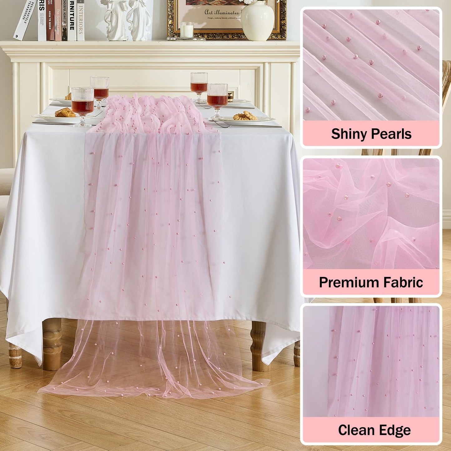 Fanami 1 Pack Pearl Table Runner -10FT Blush Pink Boho Tulle Table Runners 120 Inches Long Rustic Sheer Lace Fabric Centerpieces for Wedding Arch Birthday Party Bridal Veil Baby Shower Decorations