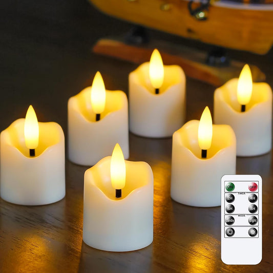 6 Pack Battery Operated Auto Daily Timer Ivory Plastic LED Flameless Votive Candles, Long Runtime 1.6" x2.3" Flickering Tealight Candles with Remote Control