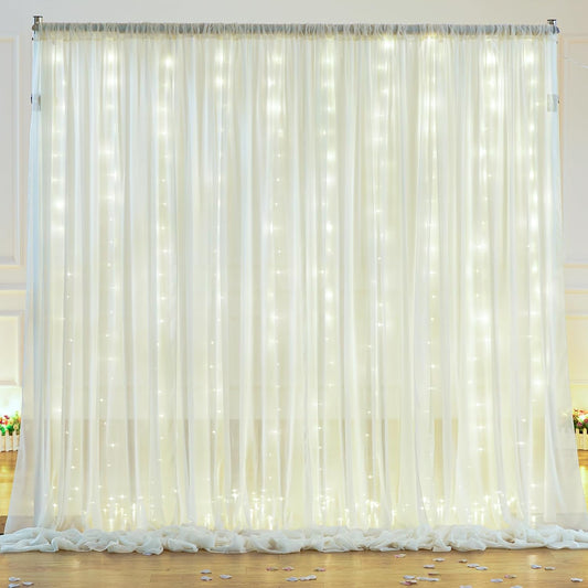 10ft x 10ft Ivory Backdrop Curtain with Lights for Baby Shower, Sheer Backdrop Curtains with Lights for Wedding, Chiffon Light Curtain Backdrops for Birthday Parties Photo Shoot (5x10ft,2 Panels)