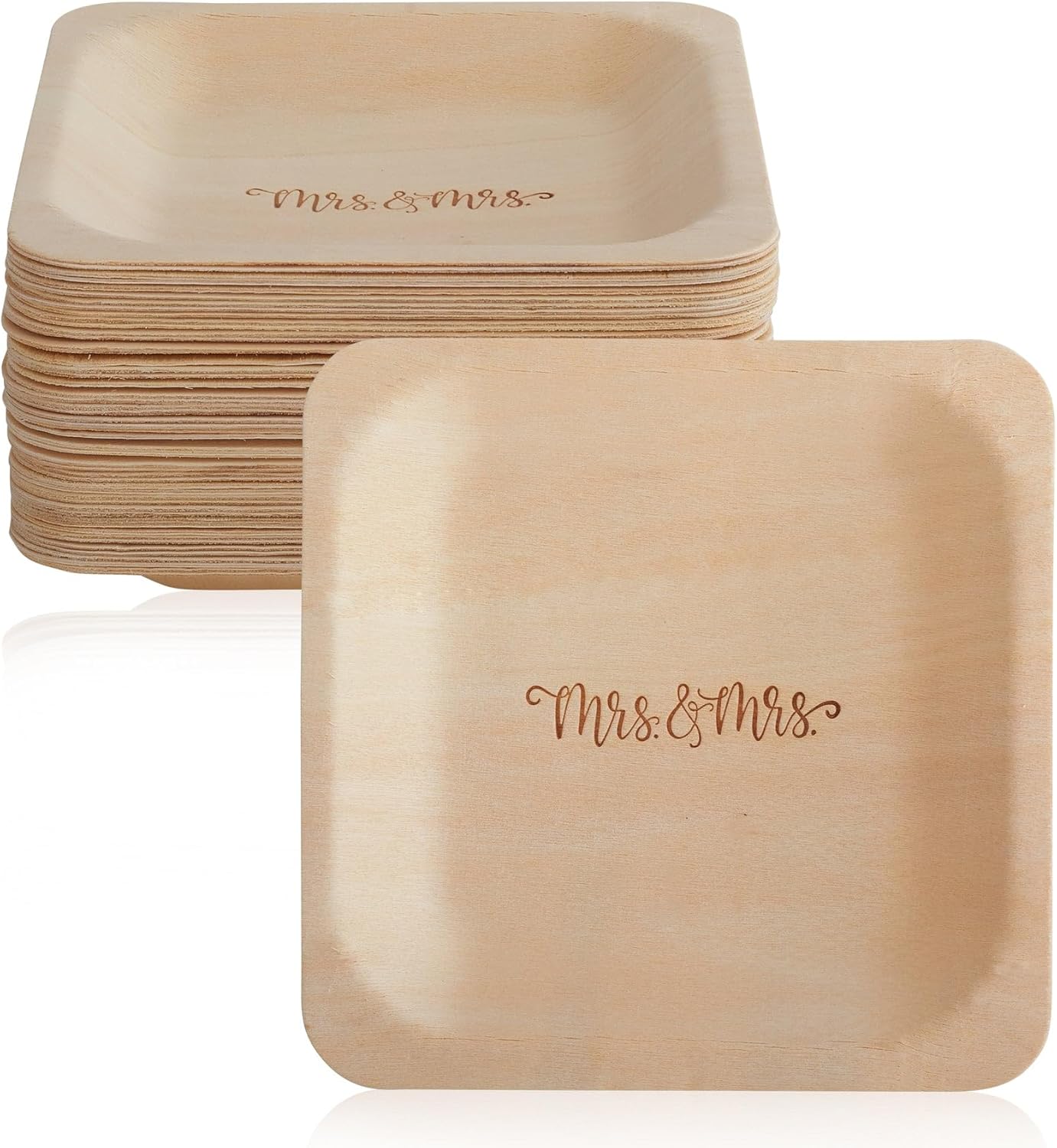 Mrs. and Mrs. Disposable Wedding Plates – Rustic, Compostable Alternative to Plastic Plates for Wedding Receptions, Engagement Parties, and Rehearsal Dinners (Appetizer, 50-Pack)