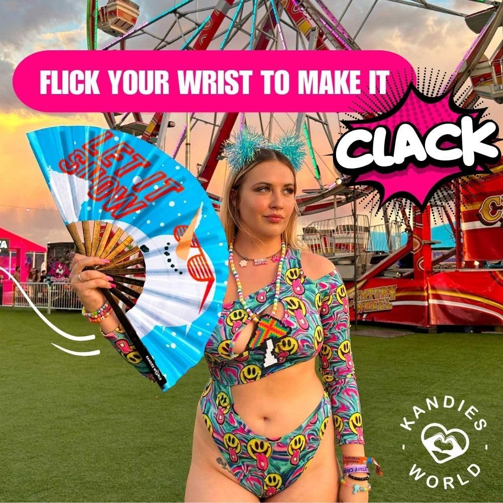Kandies World UV Reactive Custom Festival Folding Hand Fan - Unique Designs, Made of Bamboo, Clacking Sound, Lightweight - Perfect Rave and Festival Accessory!