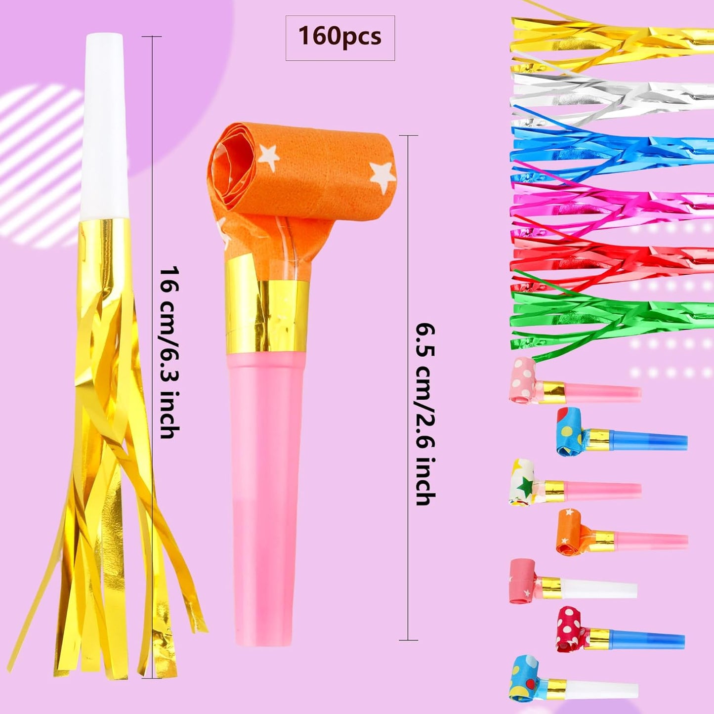 160 Pcs Party Blowers Set Includes 100 Pcs Glitter Fringed Noise Maker and 60 Pcs Colorful Blowouts Horns Whistle for Sporting Events Birthday New Year Noisemakers Party Favors