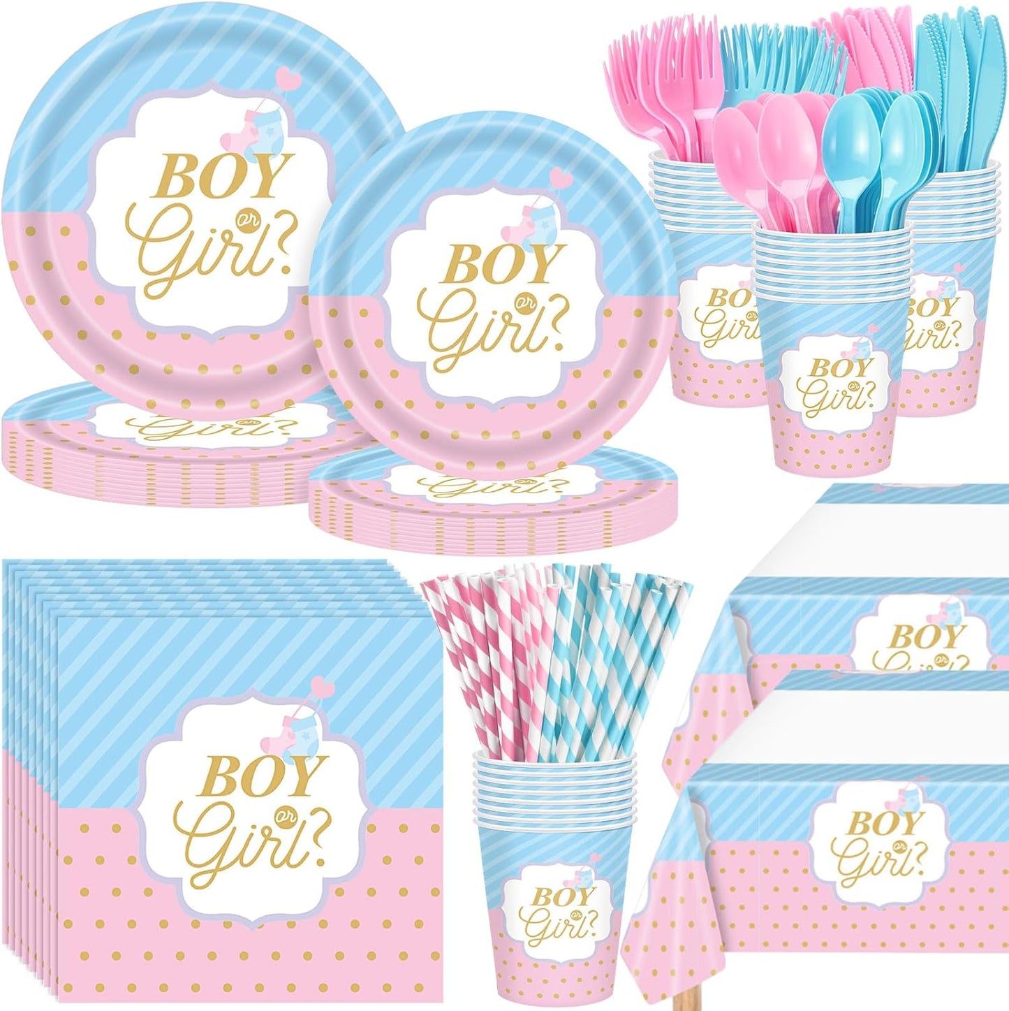 452 Pcs Gender Reveal Party Decorations Include Boy or Girl Paper Plates Napkins Cups Tablecloth Cutlery Straws Blue and Pink Gender Reveal Party Tableware for Baby Shower Decorations