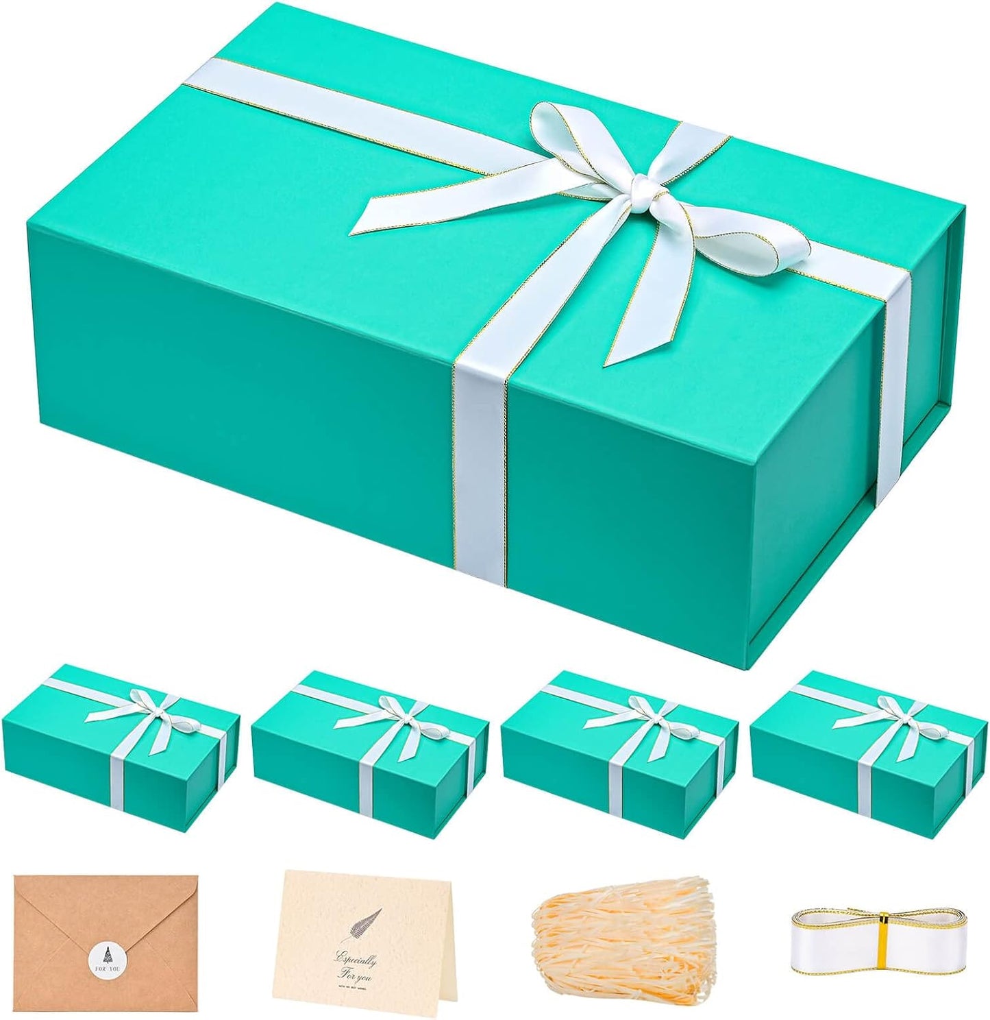 LIFELUM Large Gift Boxes with Lids,5 Pack 13.85 x 8.35 x 4.45 inch Rectangle Collapsible Gift Boxes with Ribbon,Card,Shredded Paper Filler Gift Boxes for Presents,Christmas,Birthdays