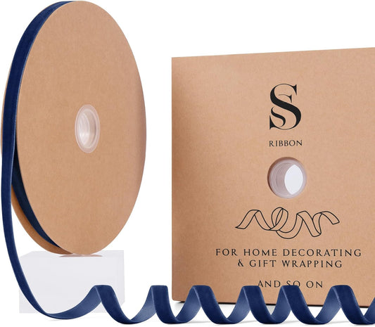 Navy Blue Christmas Velvet Ribbon for Tree, Gift Wrapping, Flower Bouquet, Wreath Decorations, Bow Making 3/8'', 25 Yards