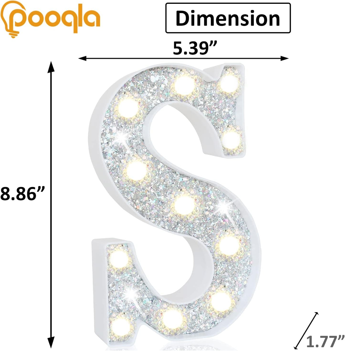 Pooqla Light Up Letters, LED Marquee Letters for Silver Birthday Decorations, Battery Powered Night Light Teenager Girl Room Decor, Gift for Girls Boys Wedding Bedroom Christmas Party Decor, Letter S