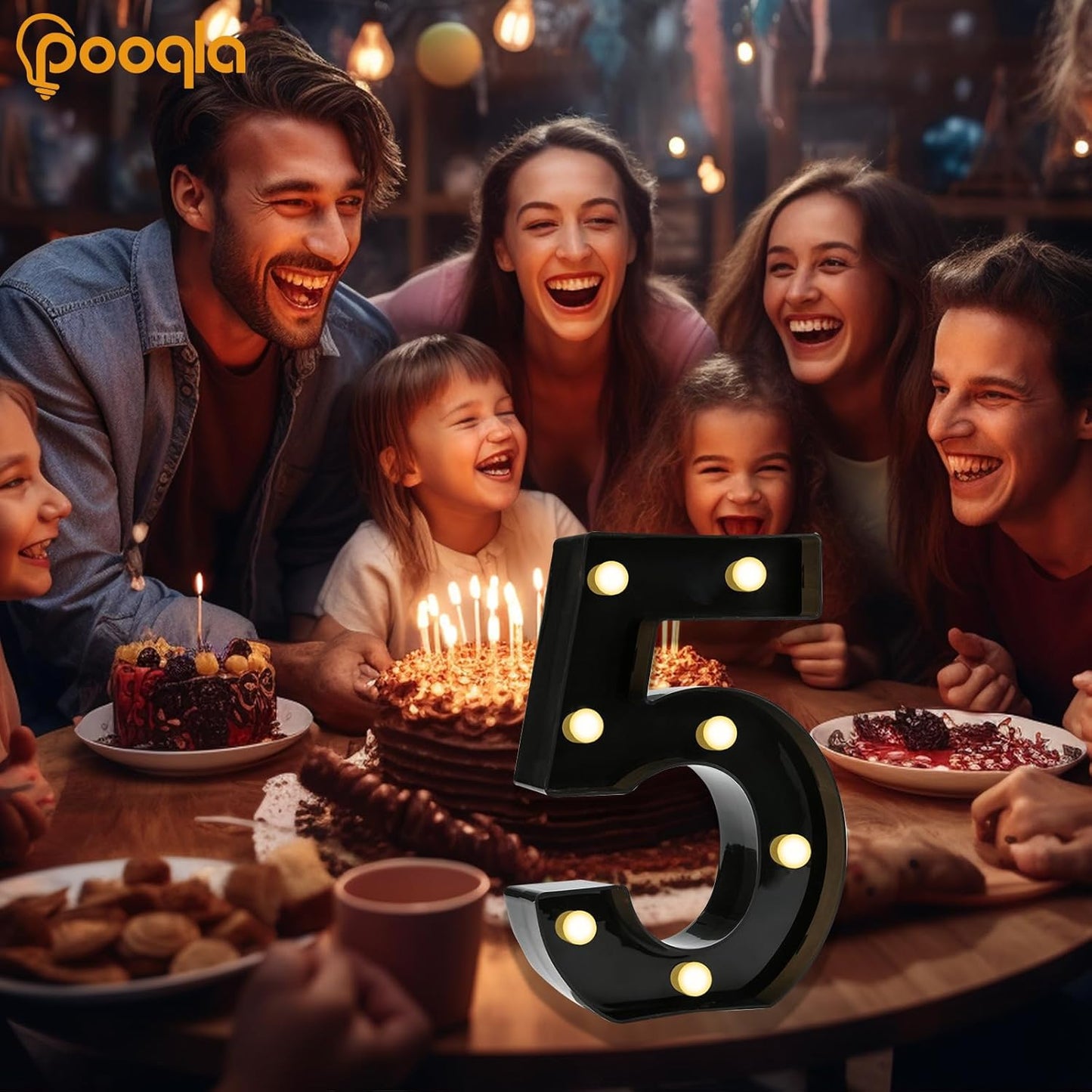 Pooqla Decorative Led Light Up Number Letters, Black Plastic Marquee Number Lights Sign for 5th 15th 50th Birthday Party Wedding Decor Battery Operated Black Number 5