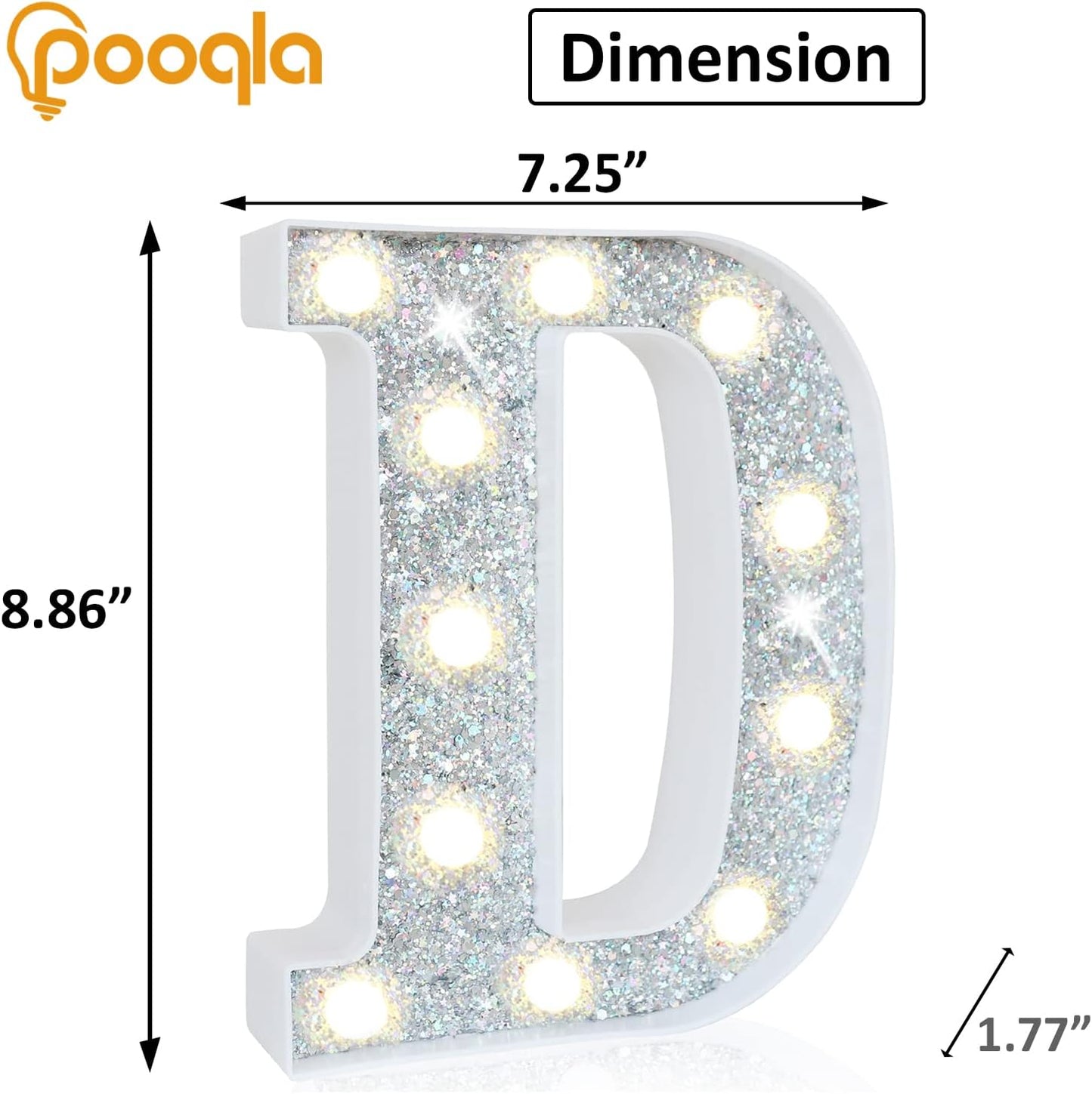 Pooqla Light Up Letters, LED Marquee Letters for Silver Birthday Decorations, Battery Powered Night Light Teenager Girl Room Decor, Gift for Girls Boys Wedding Bedroom Christmas Party Decor, Letter D