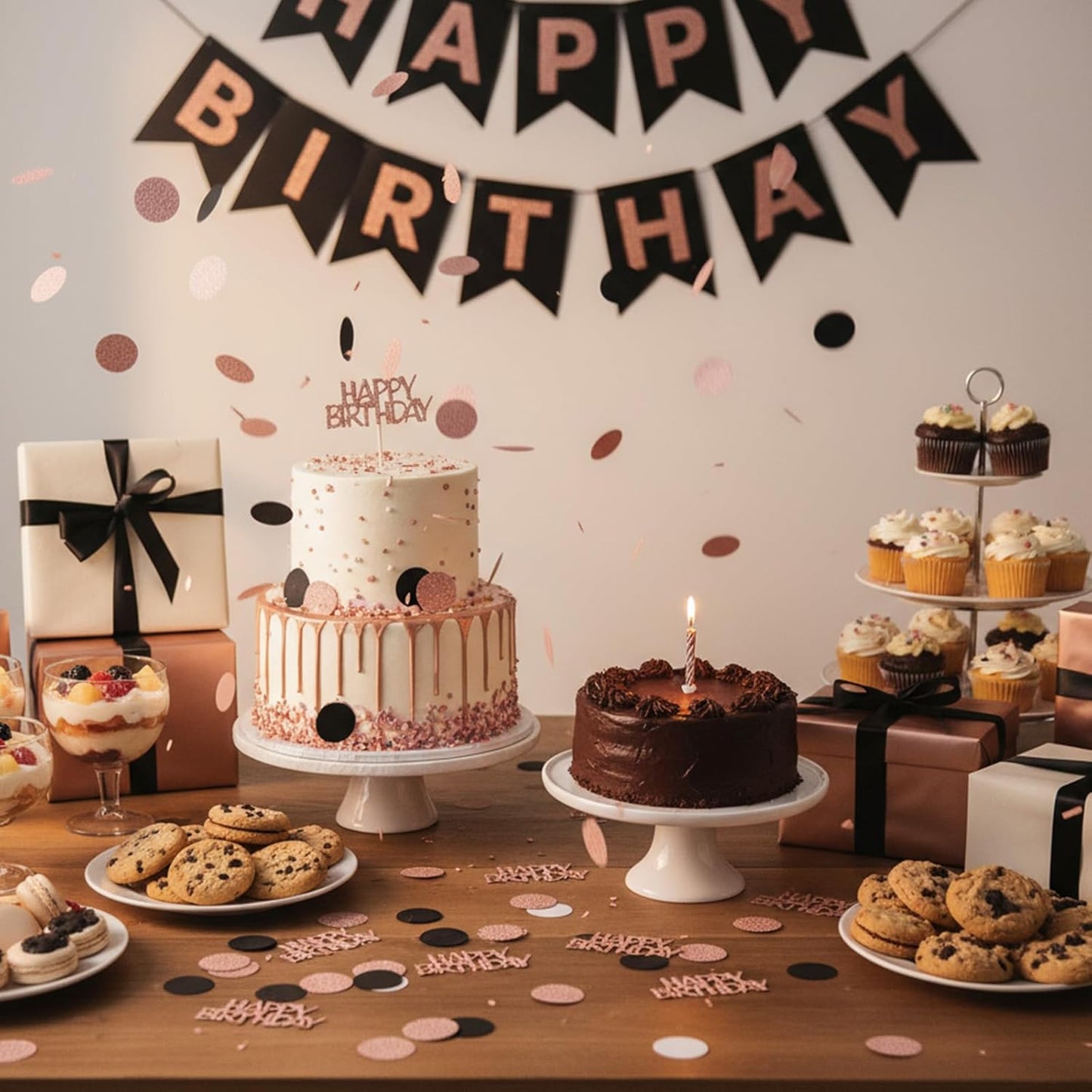 100Pcs Rose Gold and Black Happy Birthday Glitter Confetti, Polka Dot pink confetti, Sprinkling Table Scatter Paper Confettis Birthday Party Table Decorations