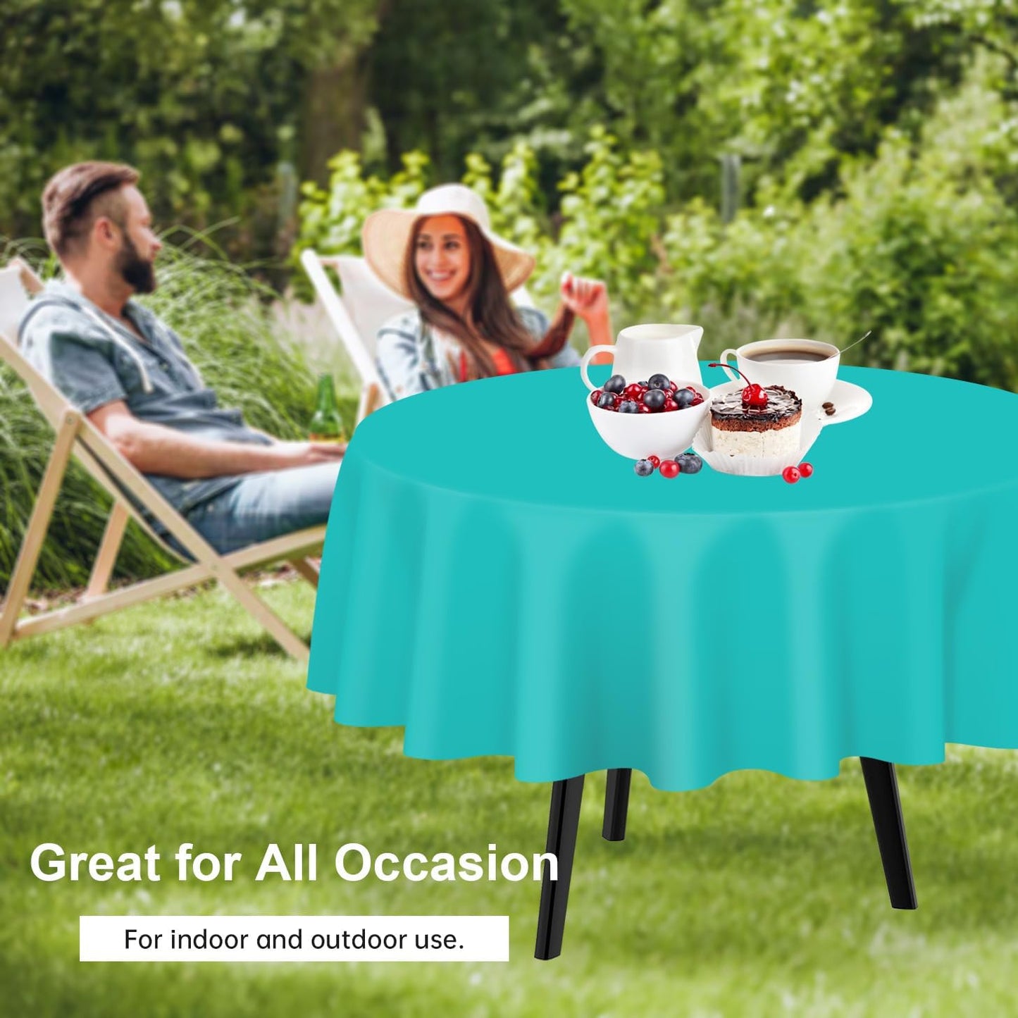 QIKSION Aqua Blue Round Tablecloth 3 Pack, 84 Inch Plastic Table Cover Disposable for Parties