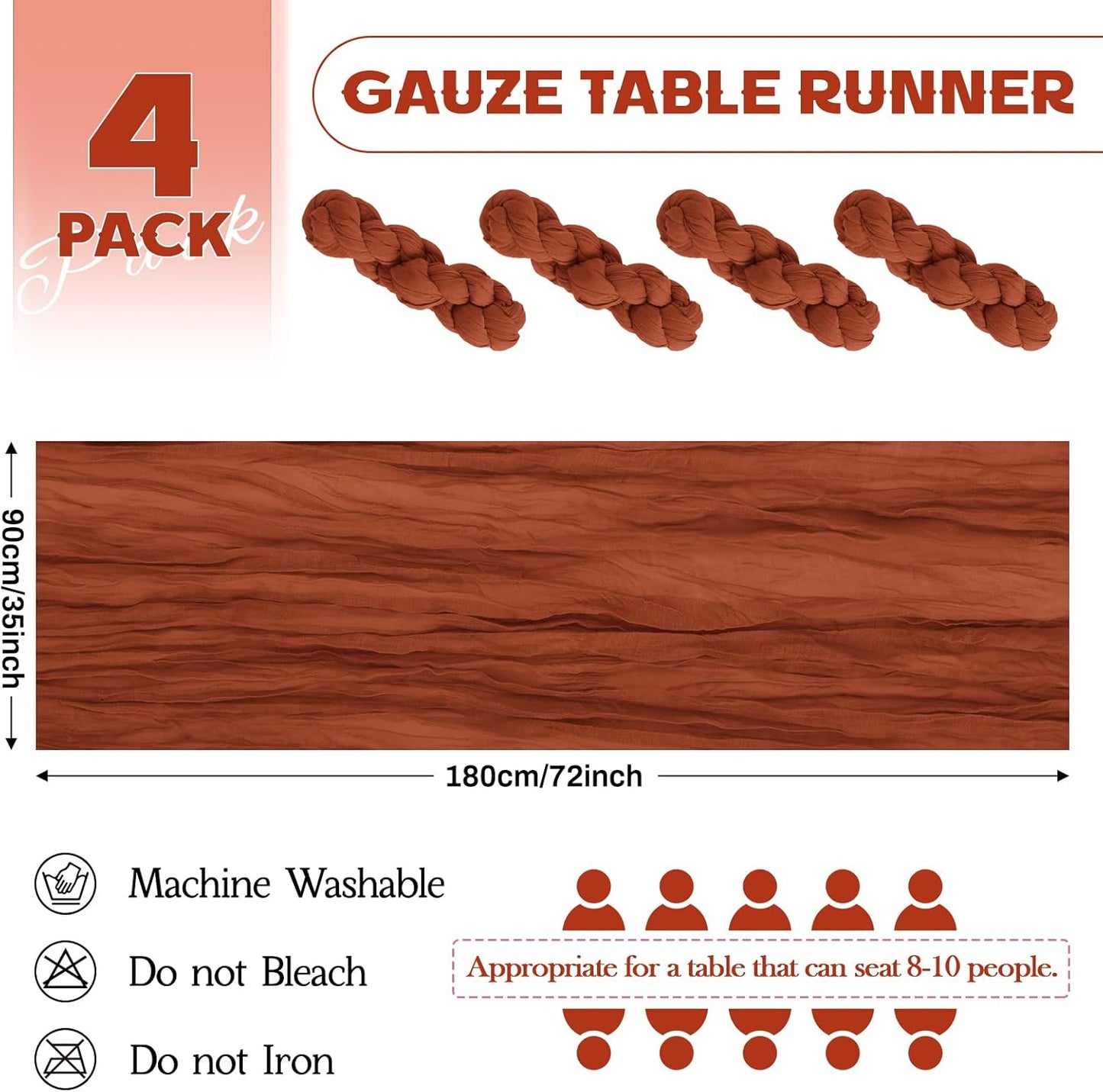 Aktor 4 Pack Terracotta Table Runner Boho Cheesecloth Table Runner Semi Sheer Gauze Fabric Runners for Wedding Birthday Baby Shower Party Boho Table Decoration（Terracotta）