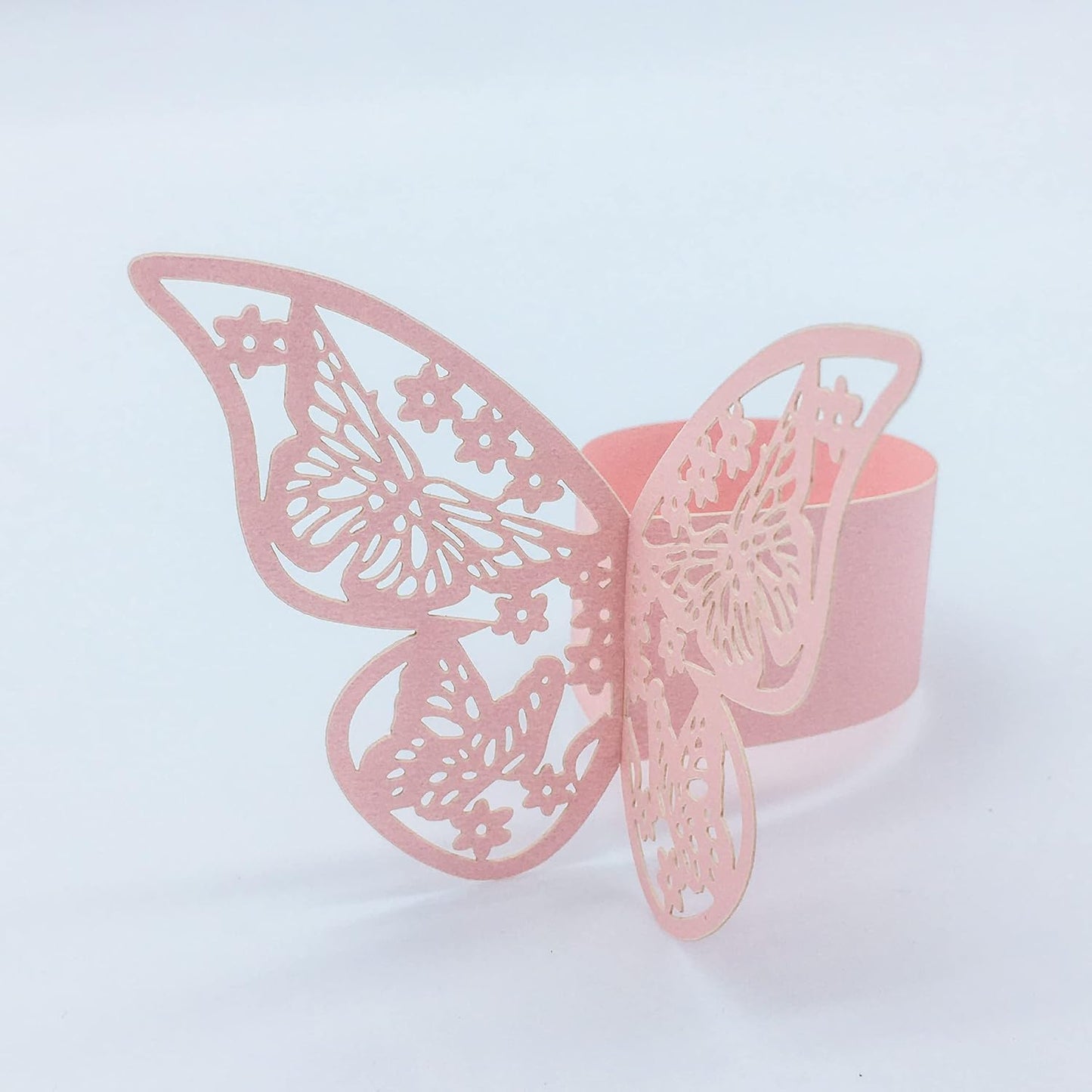 Butterfly Pink Paper Napkin Rings Set of 100 pcs，3D Laser Cut Foil Cutout Paper Napkins Holder,Disposable Serviette Rings for Tables,Decorations,Wedding,Dinner,Party Decor
