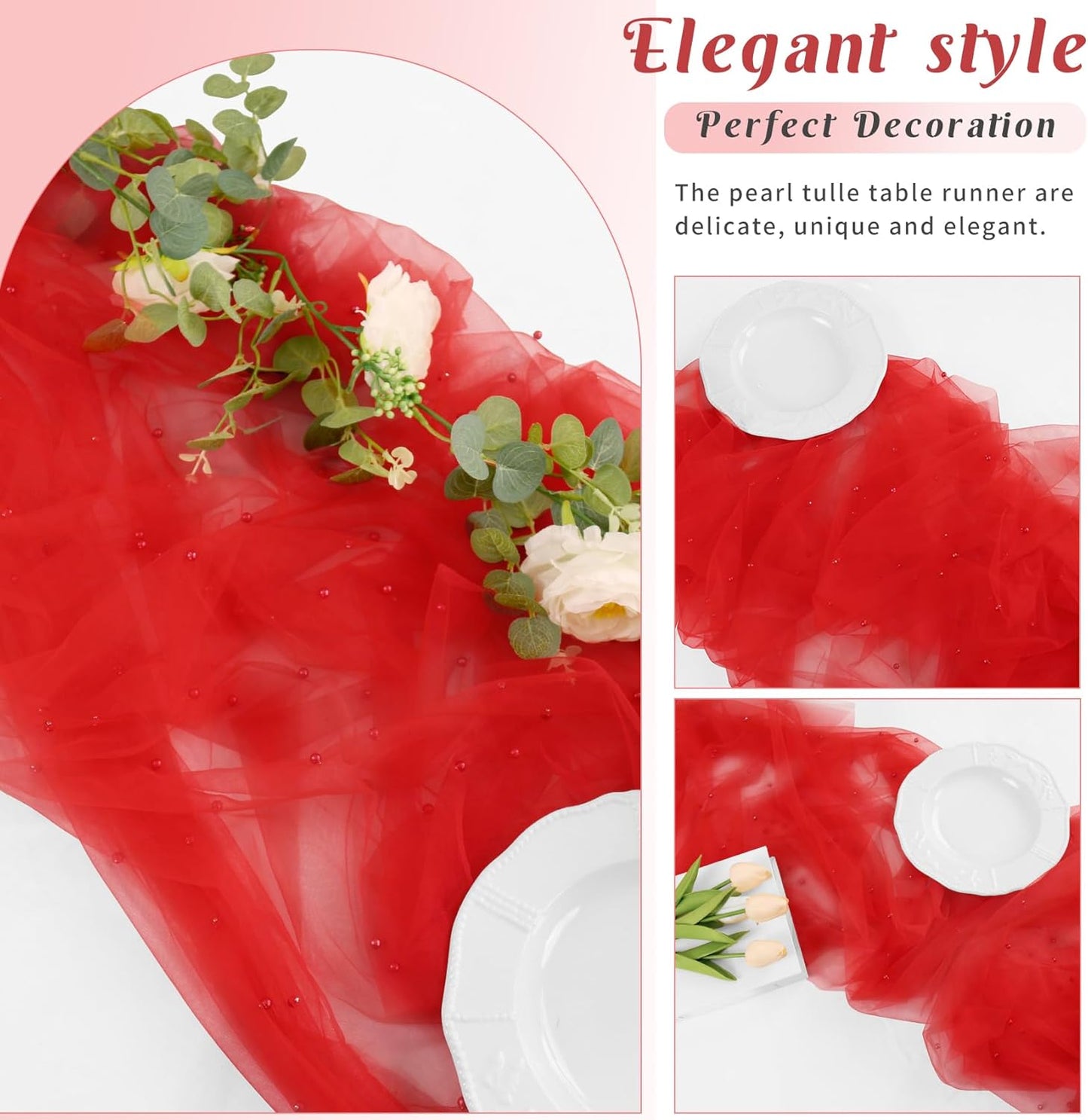 Pearl Table Runner 29 x 120 Inch Tulle Fabric Lace Table Runners Boho Rustic Tablecloth for Bridal Shower Birthday Party Wedding Arch Aisle Veil Dessert Table Decor(1 Pack, Red)