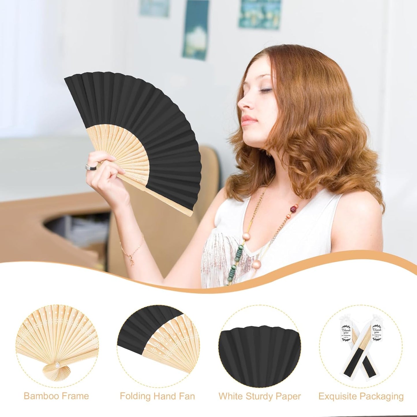 50Set Wedding Hand Fans Party Favors Black Paper Folding Handheld Fans Bulk, DIY Bamboo Fans with Thank Tag Organza Bag for Summer Guests Bridal Dancing Props Church Decoation