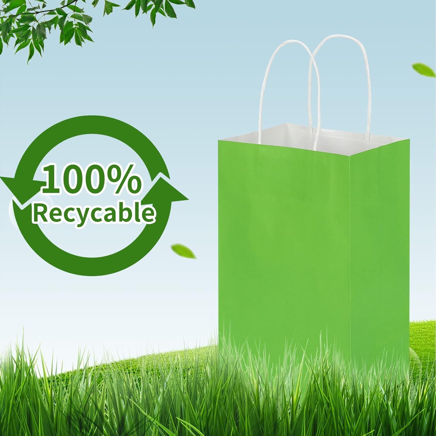 50 Pack 5.25x3.25x8.25 Inch Small Grass Green Kraft Paper Bags with Handles Bulk, Toovip Gift Wrap Bags for Favors Grocery Retail Party Birthday Shopping Business Goody Craft Merchandise Take Out Sacks