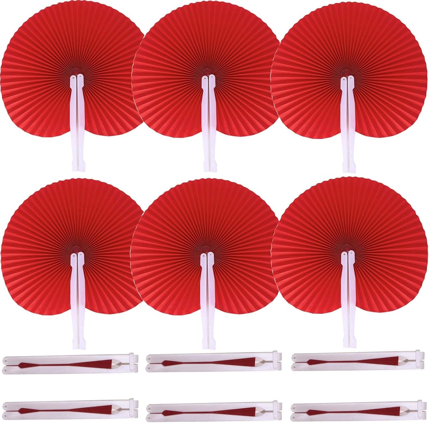 12 Packs Decorative Paper Folding Hand Fans Handheld,Red Round Foldable Wedding Fans Chinese and Japanese Fans Bulk for Bridal Guest Church Party Favors Dancing Birthday DIY