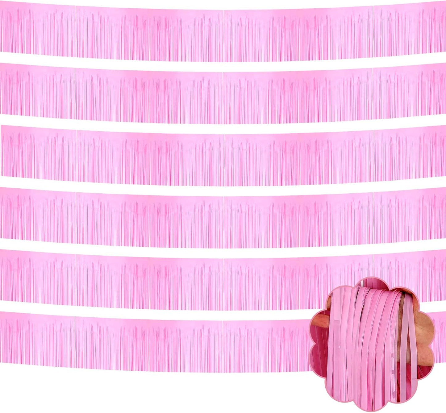 6 Pack 10 Feet Foil Fringe Garland Metallic Tinsel Streamers Banner Wall Hanging Backdrop Banner for Parade Floats, Thanksgiving, Christmas, Birthday, Halloween Party Decorations(Macaron Pink)