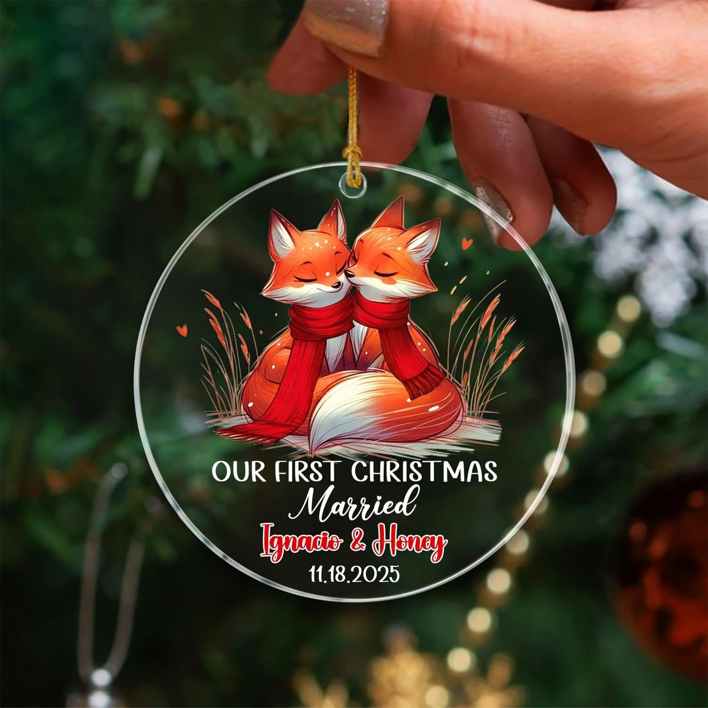 Personalized Date/Name Mr & Mrs Fox Married Christmas Ornament 2025, Our First Christmas Married Fox Ornaments Gift for Marriage, Customized Mr & Mrs Foxes Together Christmas Ornament for Newlyweds