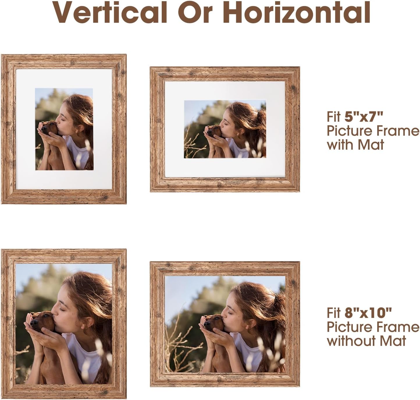TWING 8x10 Picture Frame Set of 6, Vintage Walnut Photo Frames Display Pictures 5x7 with Mat or 8X10 Without Mat, Tabletop Display and Wall Mounting Home Decorative Photo Frames Pre-Installed, Walnut
