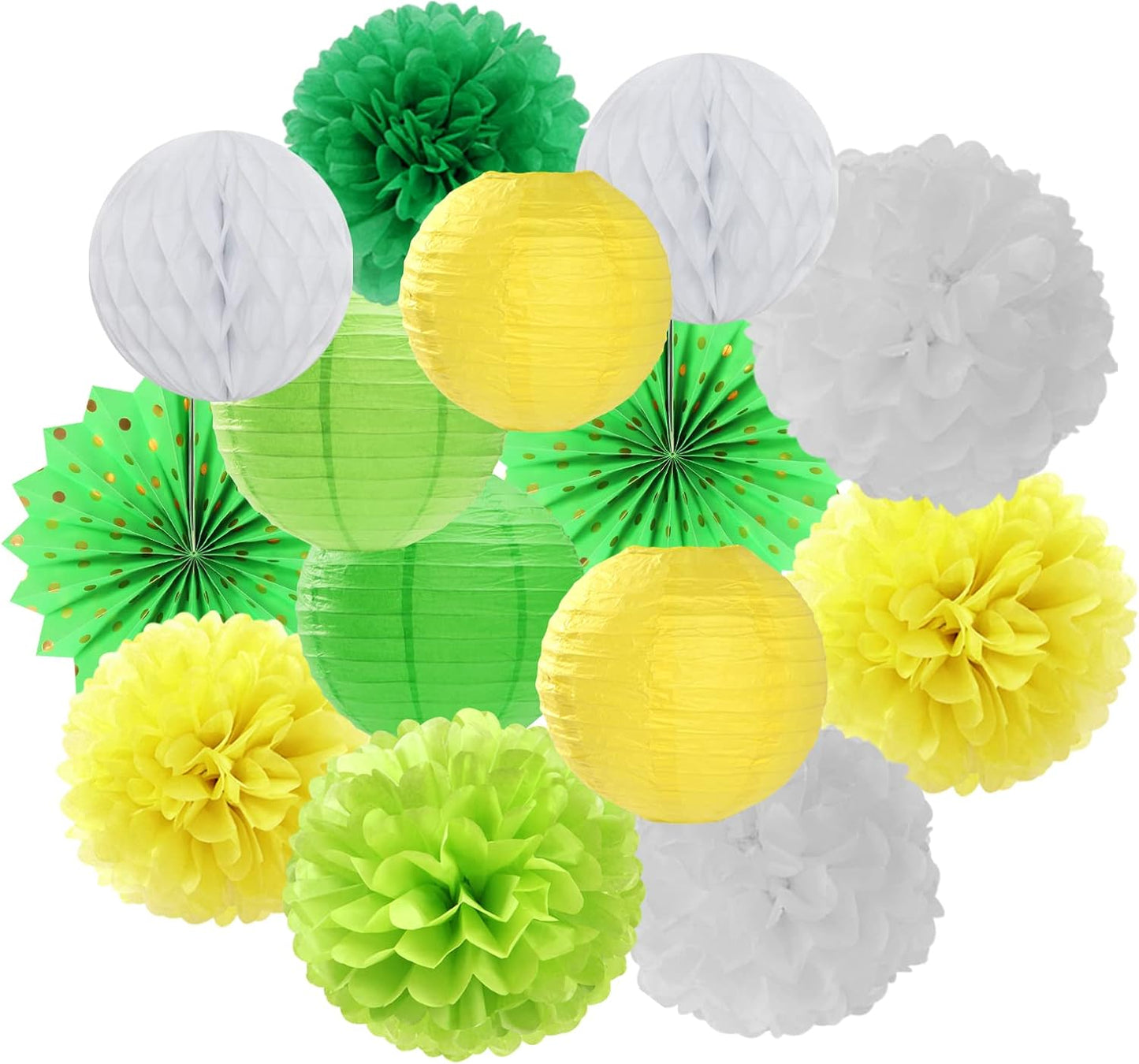 Yellow-White Green Party-Decorations Streamers-Lanterns - 14pcs Spring Summer Garden Tea Paper Fan,Birthday Baby Bridal Shower Wedding Tissue Pom Poms,Classroom Honeycomb Balls Decor Lasting Surprise