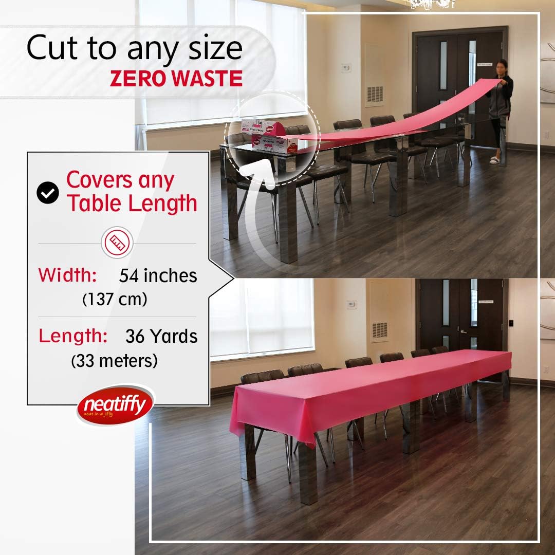Neatiffy Disposable Plastic Table Cloth Roll | 54 in x 108 Ft Waterproof Tablecloth | Table Cover for Rectangle, Square, Round Oval Tables | Picnic, Party, Banquet, Birthdays, Weddings - Pink