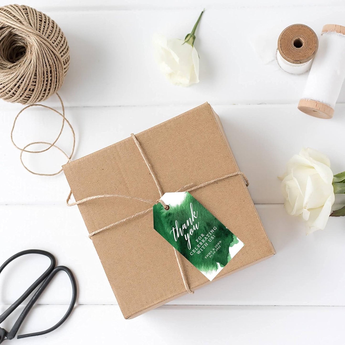 Andaz Press 100-Pack Personalized Thank You for Celebrating with Us Wedding Favor Tags with Bakers Twine Emerald Green Watercolor Custom Cardstock Wedding Gift Tags for Party Favors 2 x 3.75-Inches