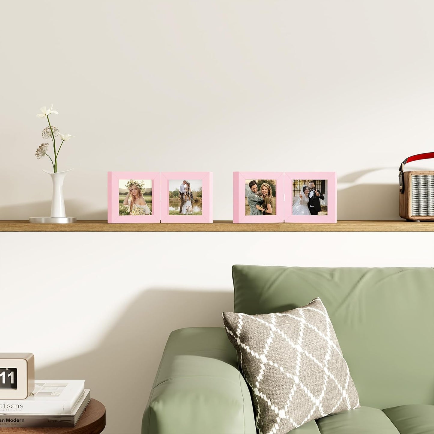 decorUhome Double 4x4 Picture Frame Vertical, Engineered Wood Bifold Photo Frame with Plexiglass for Tabletop Display, 4x4, Pink