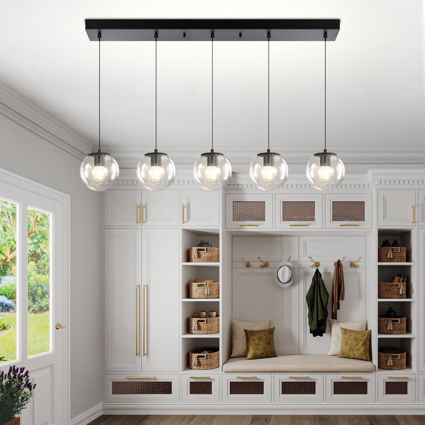 5-Lights Modern Rectangle Chandelier Globe Pendant Light,Black Linear Globe Chandeliers for Dining Room and Kitchen Island