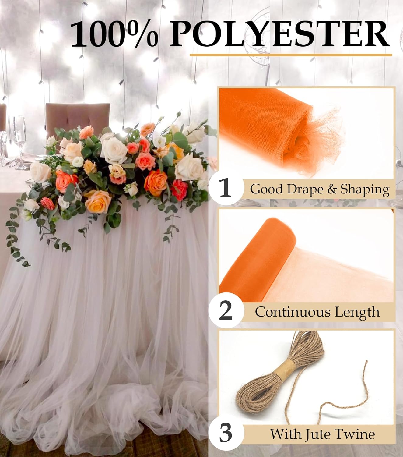 Orange Tulle Fabric Roll, 54" x 40 Yards (120FT) Tulle for Halloween Decoration DIY Tutu Party Backdrop Wedding Baby Shower Table Skirts Gift Wrapping