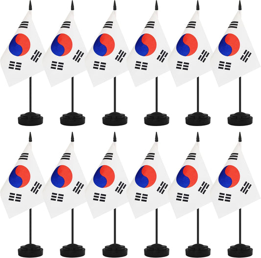 12 Pack Korea Desk Flags, Korean Desktop Flag, Small Miniature Office Flags with 12" Black Pole and Black Base, Offices, Classroom, Home, Festival Decoration (Korea)