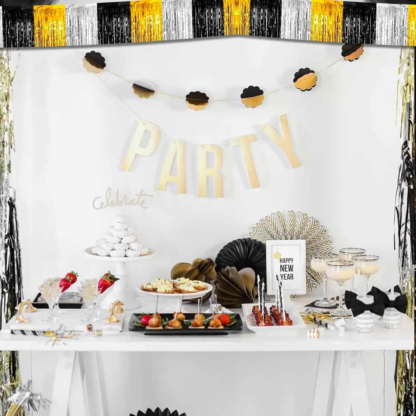 6 Pack 10 Feet Black Gold Silver Foil Fringe Garland Metallic Tinsel Streamers Banner Wall Hanging Backdrop Banner for Parade Floats, Thanksgiving, Christmas, Birthday, Halloween Party Decorations