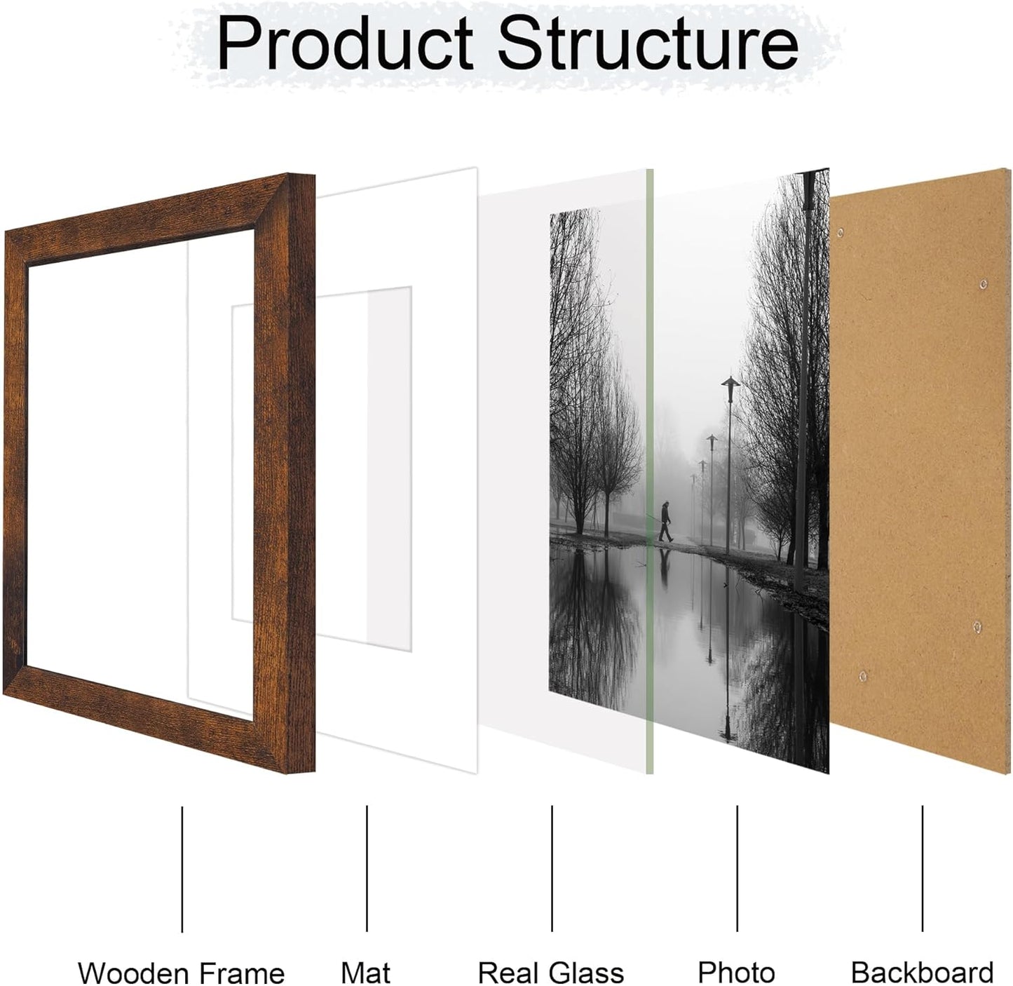 9x12 Picture Frame Set of 4 with Tempered Glass, Wooden Rustic Frame Display 6x8 Pictures with Mat or 9 x 12 Without Mat, Photo Frame for Wall Mount and Tabletop Display