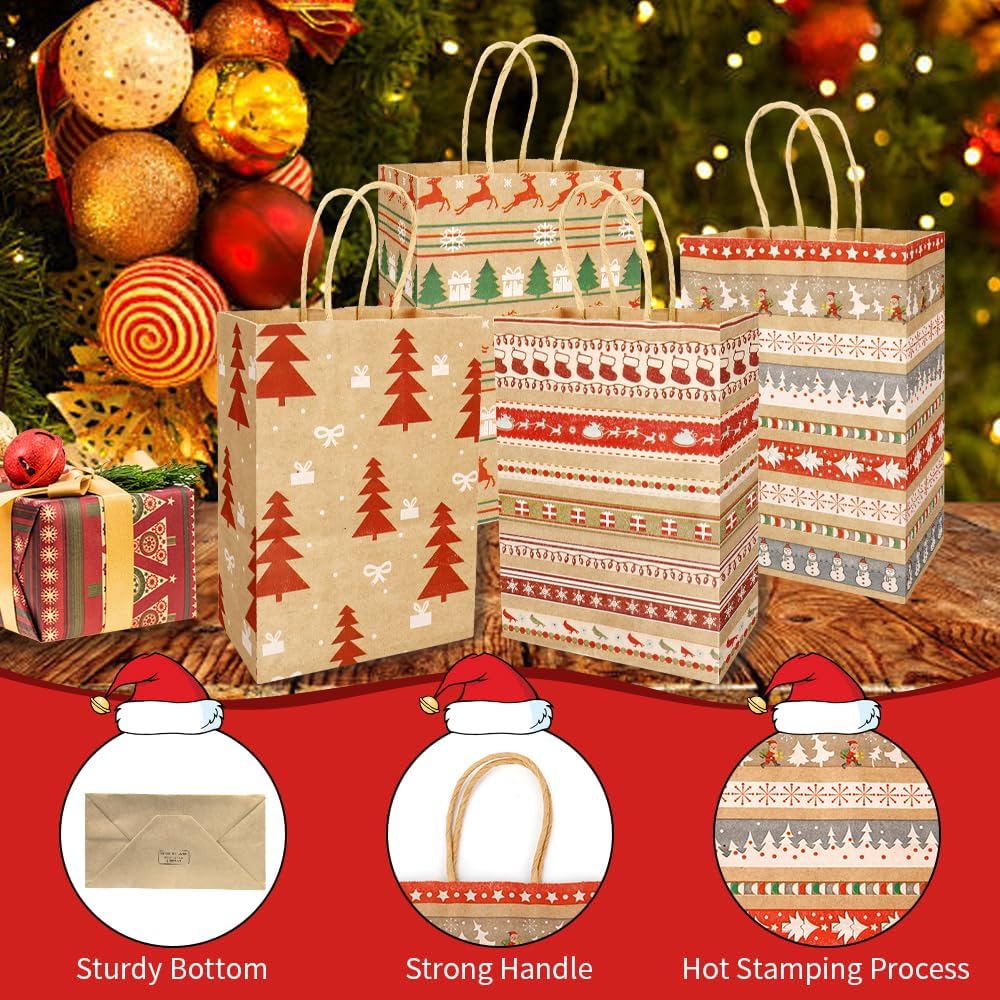 STPIYFZU Christmas Gift Bags, 25 Pack Small Christmas Gift Bags with Handles, Xmas Kraft Paper Bag Bulk with Tissue Paper, Xmas Holiday Present Bag (8.2" x 6" x 3.1")