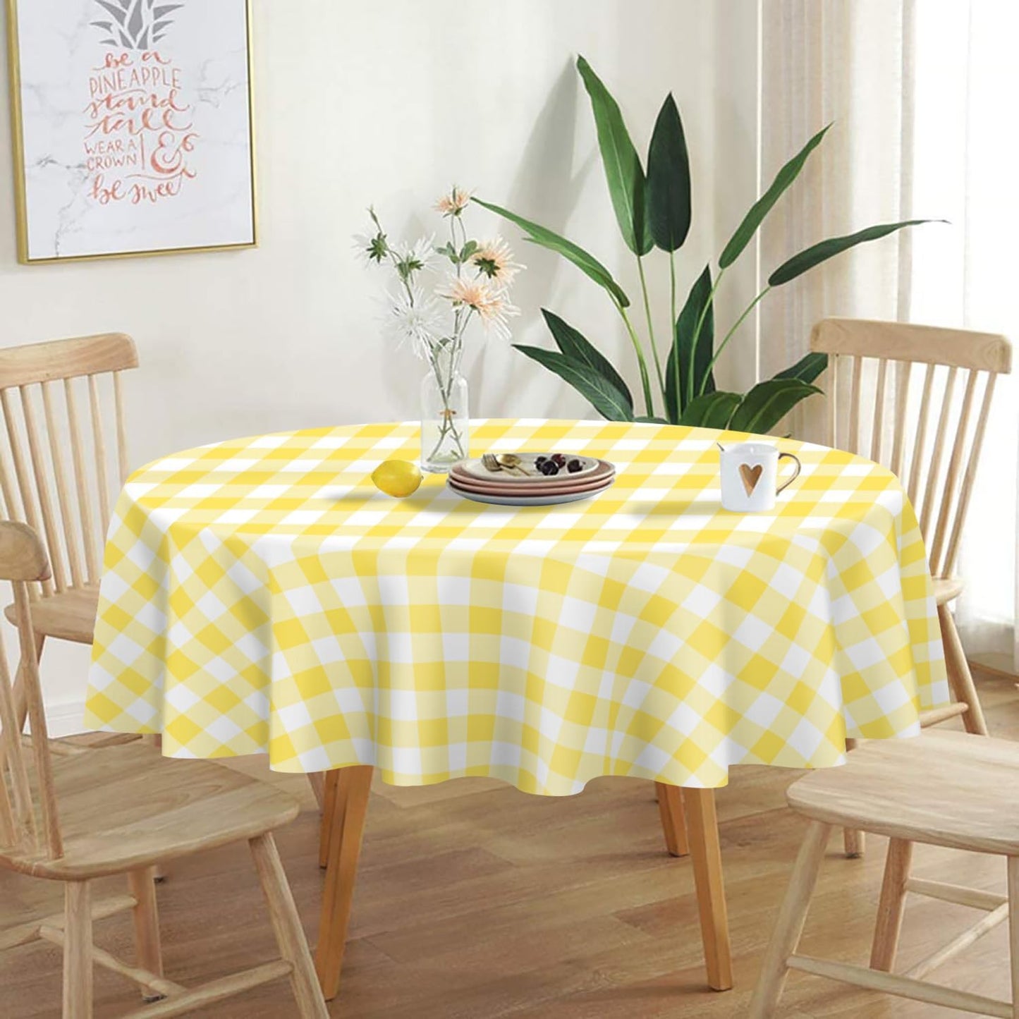 QIKSION Yellow Gingham Round Tablecloth 2 Pack, 84 Inch Plastic Checkered Table Cover Disposable for Parties