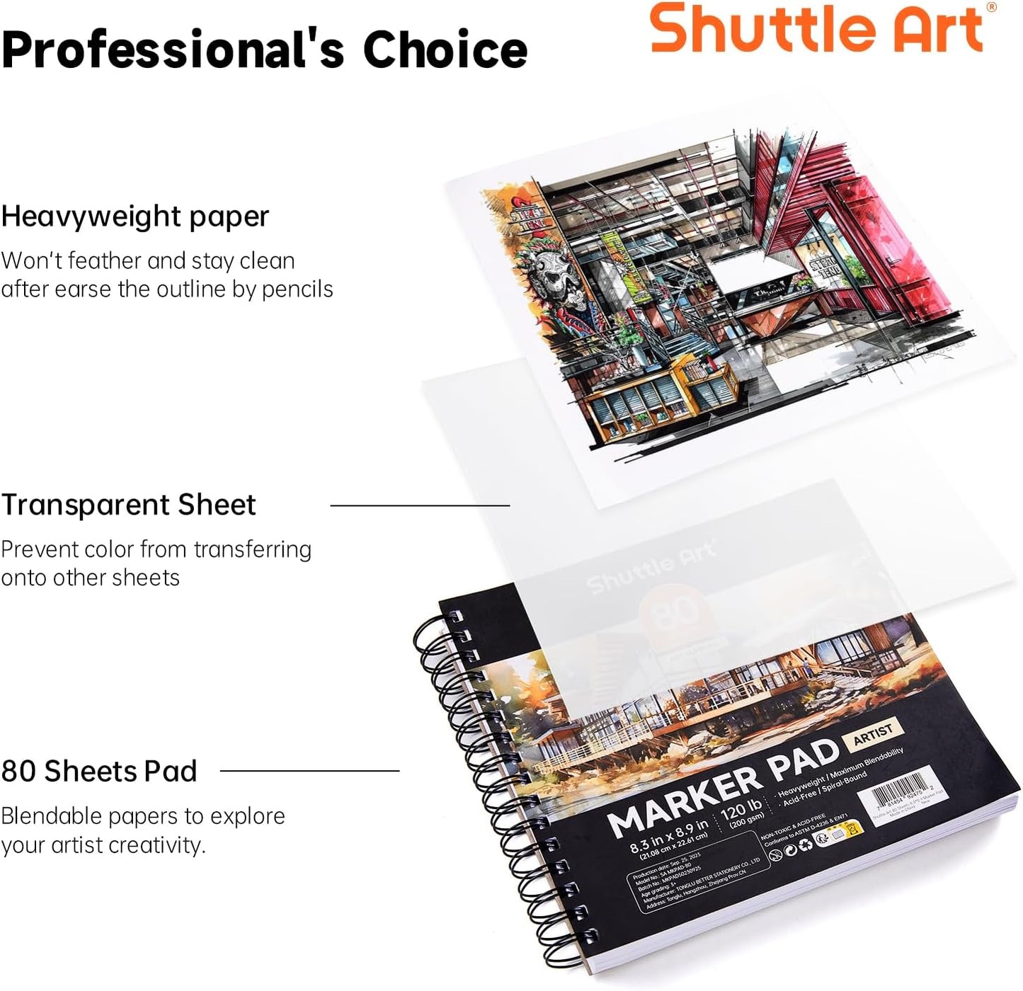 Shuttle Art Marker Pad, 8.3”x8.9” Portable Square Sketchbook, 80 Sheets Marker Drawing Paper, 120LB/200GSM Bleedproof Art Paper, Spiral-Bound, Great for Professional Artist to Draw, Paint & Sketch
