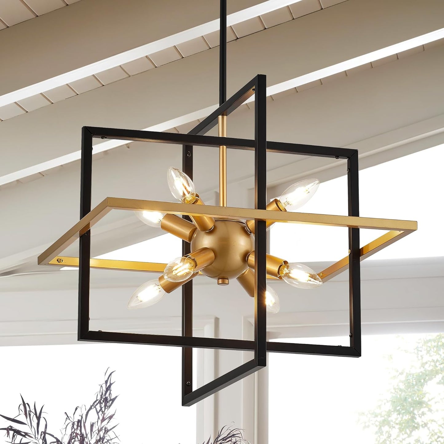 18.9'' Black Gold 8-Light Sputnik Chandelier Modern Industrial Adjustable Hanging Geometric Pendant Light Fixture for Entryway Foyer Stairway Hallway Bedroom Living Room Kitchen Island