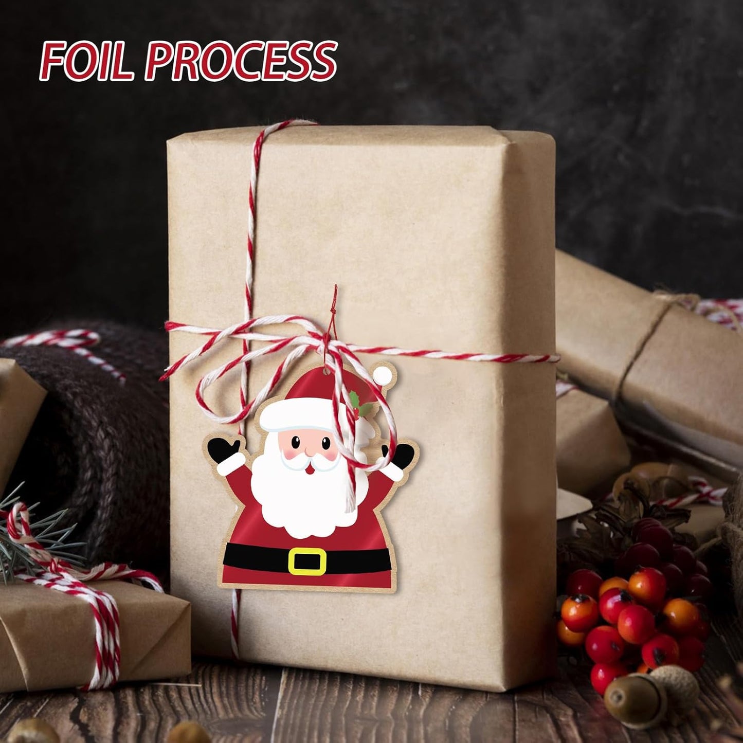 Christmas Gift Tags, 63Pcs Christmas Hanging Labels with String, Christmas Name Tags for Gifts, Glitter Foil Printed Xmas Gift Tags, Santa Snowman Gift Labels for DIY Xmas Holiday Present Wrapping