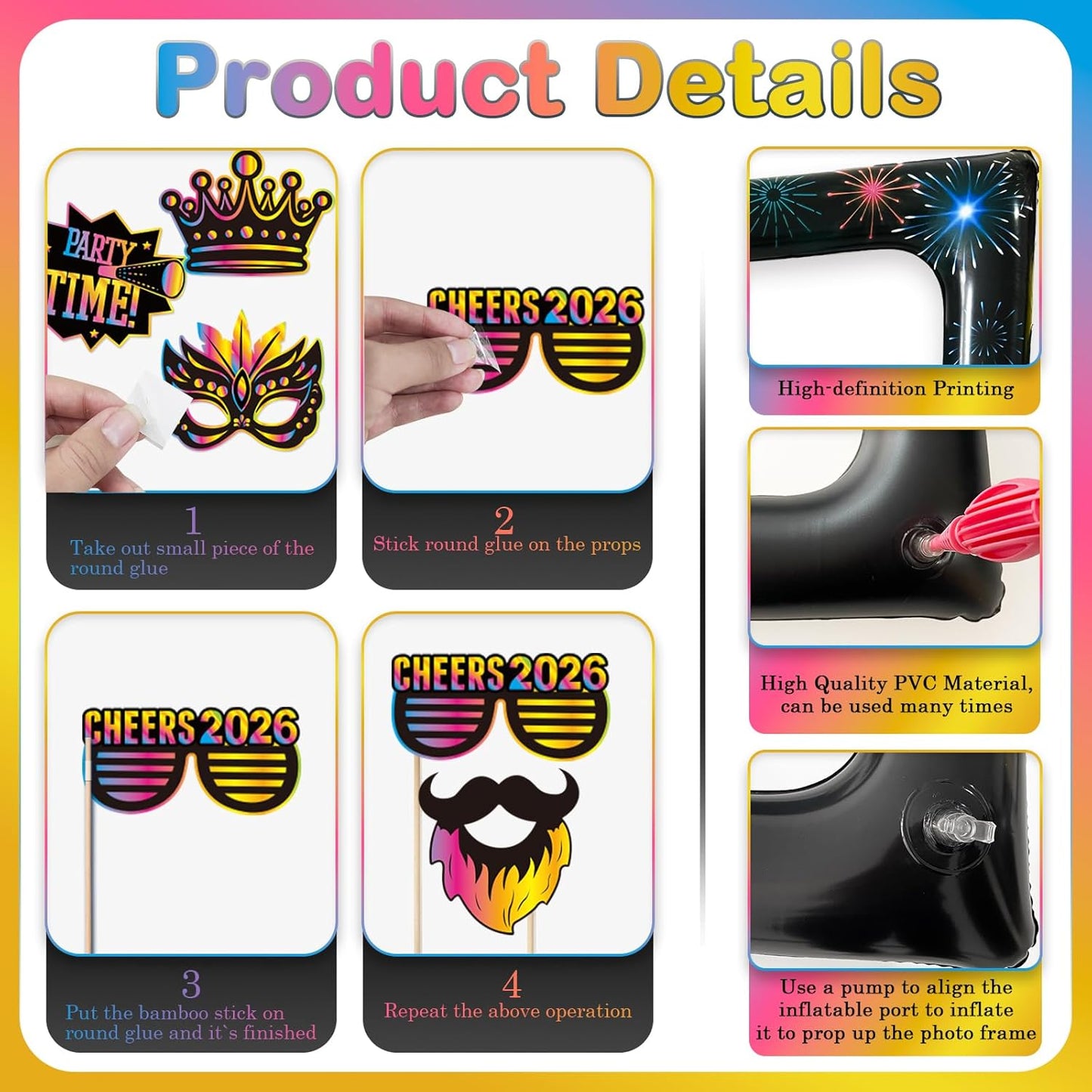 2026 New Year Photo Booth Inflatable Frame Kit, 30Pcs Colorful Neon New Years Photo Booth Props with Inflatable Picture Frame for New Year Eve Party Selfie Props Supplies