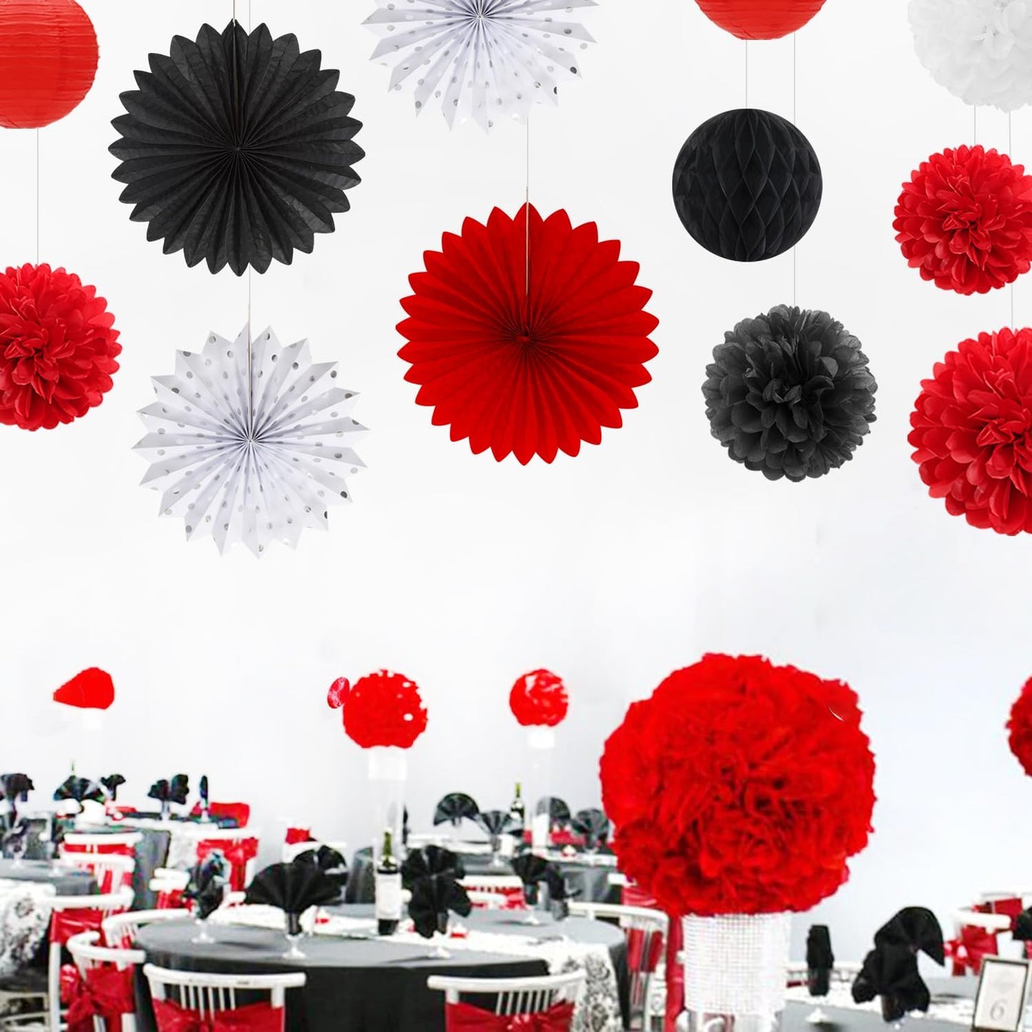 Red-Black White Party-Decorations Paper-Flowers Lanterns - 20PCS Halloween Tissue Pom Poms Streamers Fans Honeycomb, Vintage Baby Shower Birthday Bachelorette Hanging Supplies Decor Burgleda