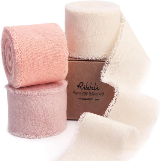 Ribbli 3 Rolls Pink Ribbon 1.5 Inch x 18Yards Ivory Blush Dusty Pink Handmade Cotton Frayed Fringe Ribbons for Gift Wrapping Wedding Invites Bridal Bouquets Baby Shower DIY Crafts Home Decor