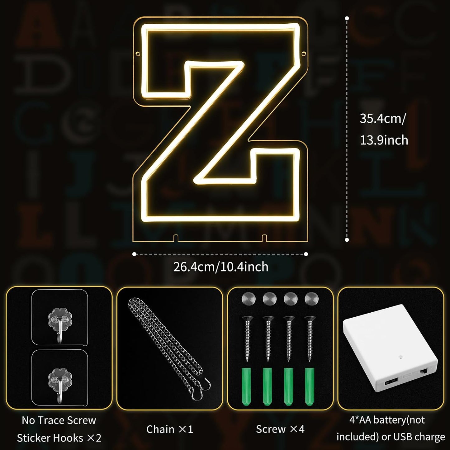 Light Up Letters Z, Led Marquee Letter Lights Neon Sign, 13.9" Height Decorative Lighted Alphabet Number, Battery/USB Powered Led Letters Lights for Wedding, Birthday, Party, Christmas or Home Decor