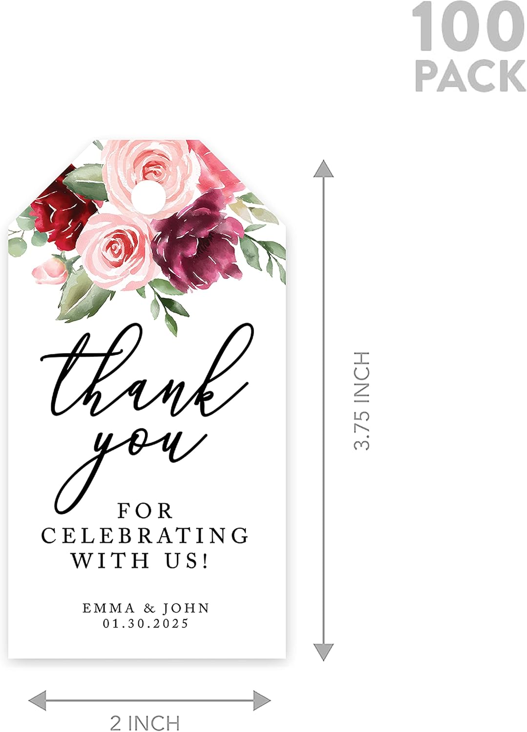 Andaz Press 100-Pack Personalized Thank You for Celebrating with Us Wedding Favor Tags with Bakers Twine Pink Burgundy Florals Custom Cardstock Wedding Gift Tags for Party Favors 2 x 3.75-Inches