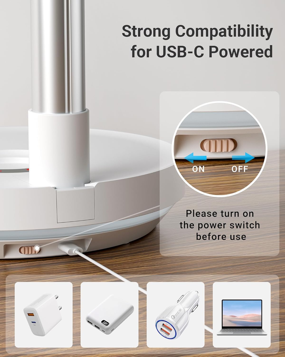 Primevolve Portable Rechargeable Oscillating Fan, Battery Operated Fan Adjustable Height, USB Home Office Outdoor Camping Travel, White 10"