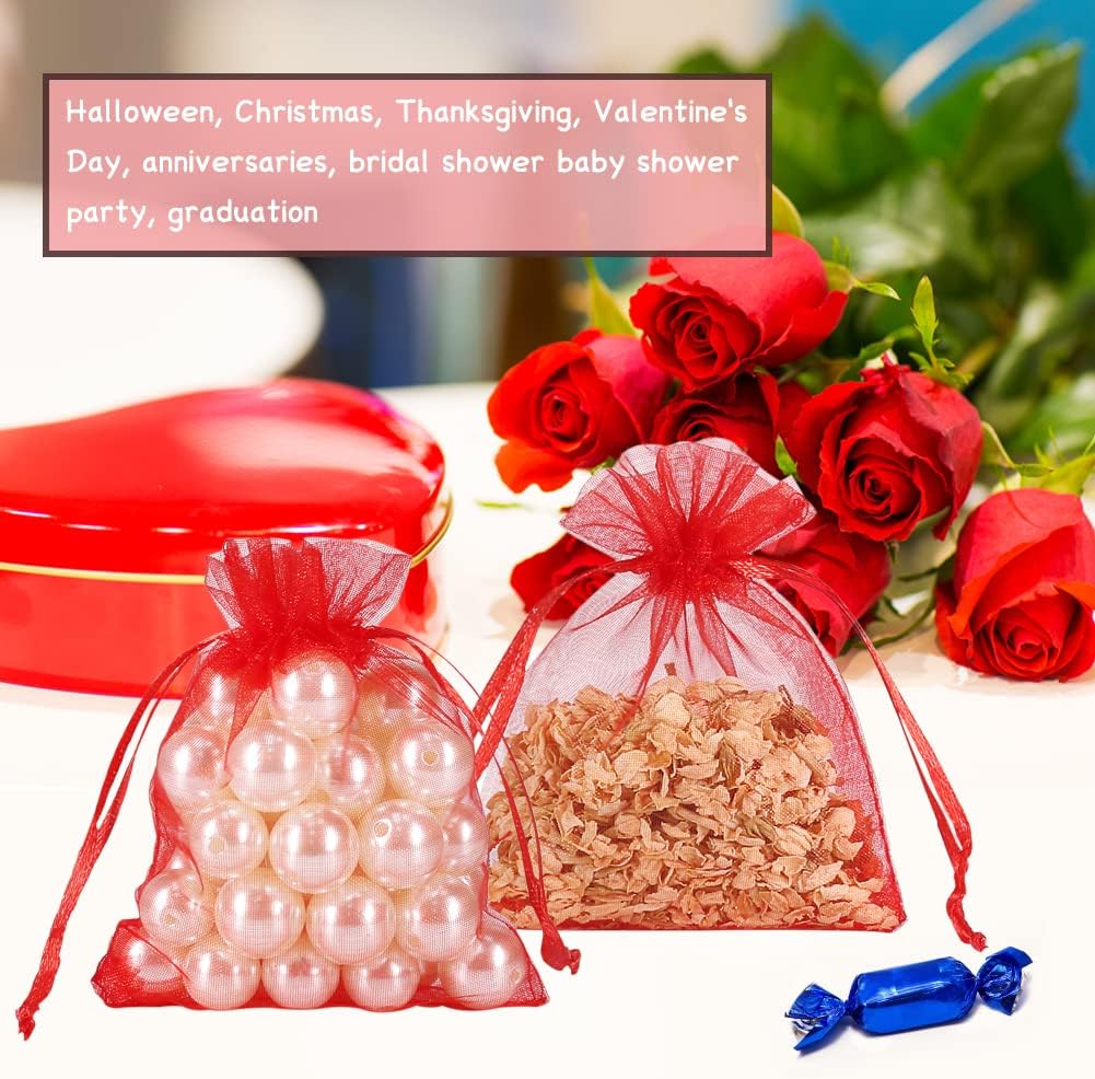 YQL Organza Bags 3x4,100PCS Red Mini Drawstring Bags Organza Jewelry Pouches Wedding Party Valentine Gift Mesh Candy Bag
