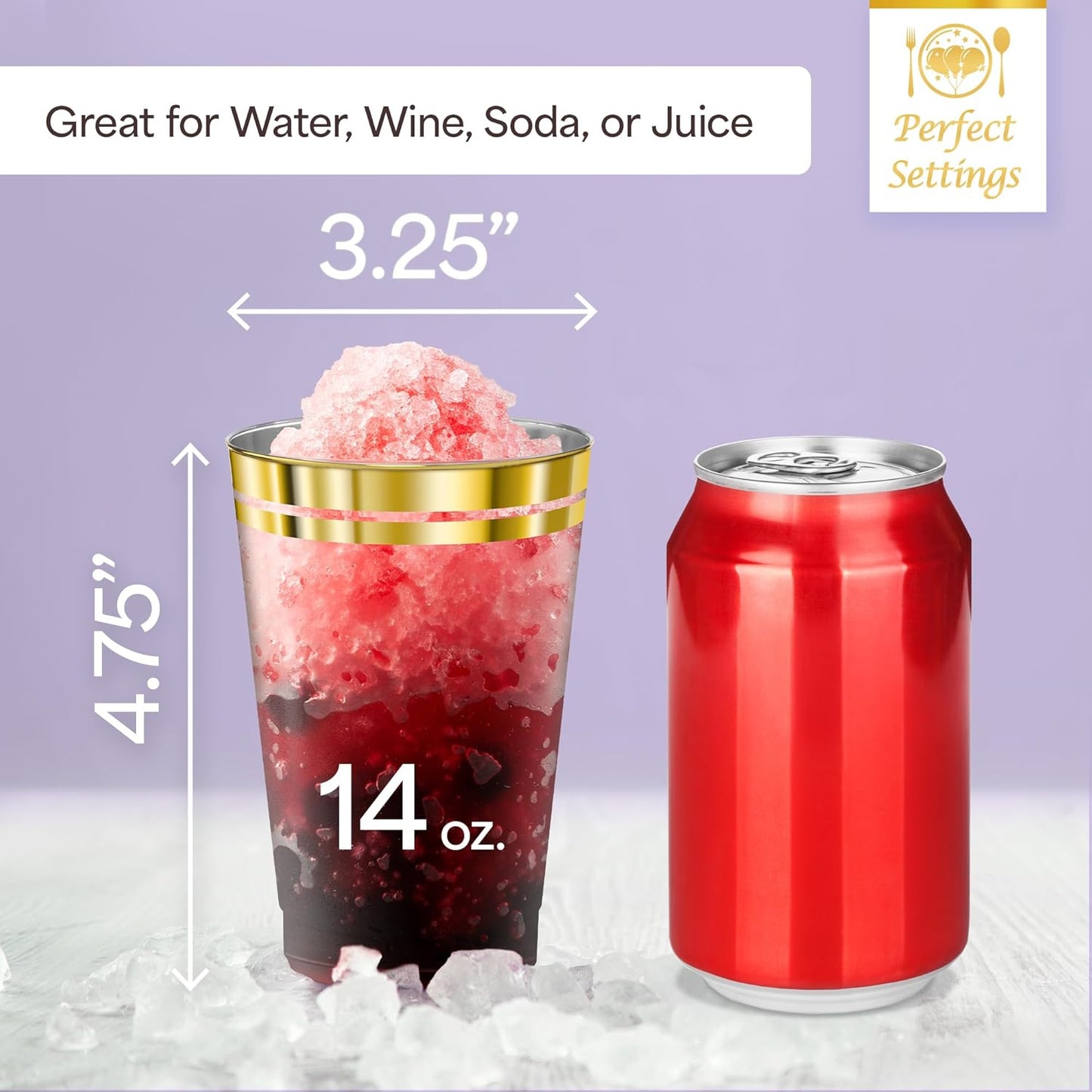 Perfect Settings Premium Double Gold Rimmed Disposable Plastic Cups, Durable Clear Plastic Drinking Glasses for Cold Beverages & Cocktails, BPA-FREE, Disposable Wedding Cups, 14 oz. (Pack of 100)